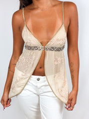 2000s Embroidered Crystal-Waist Chiffon Cami Top - S