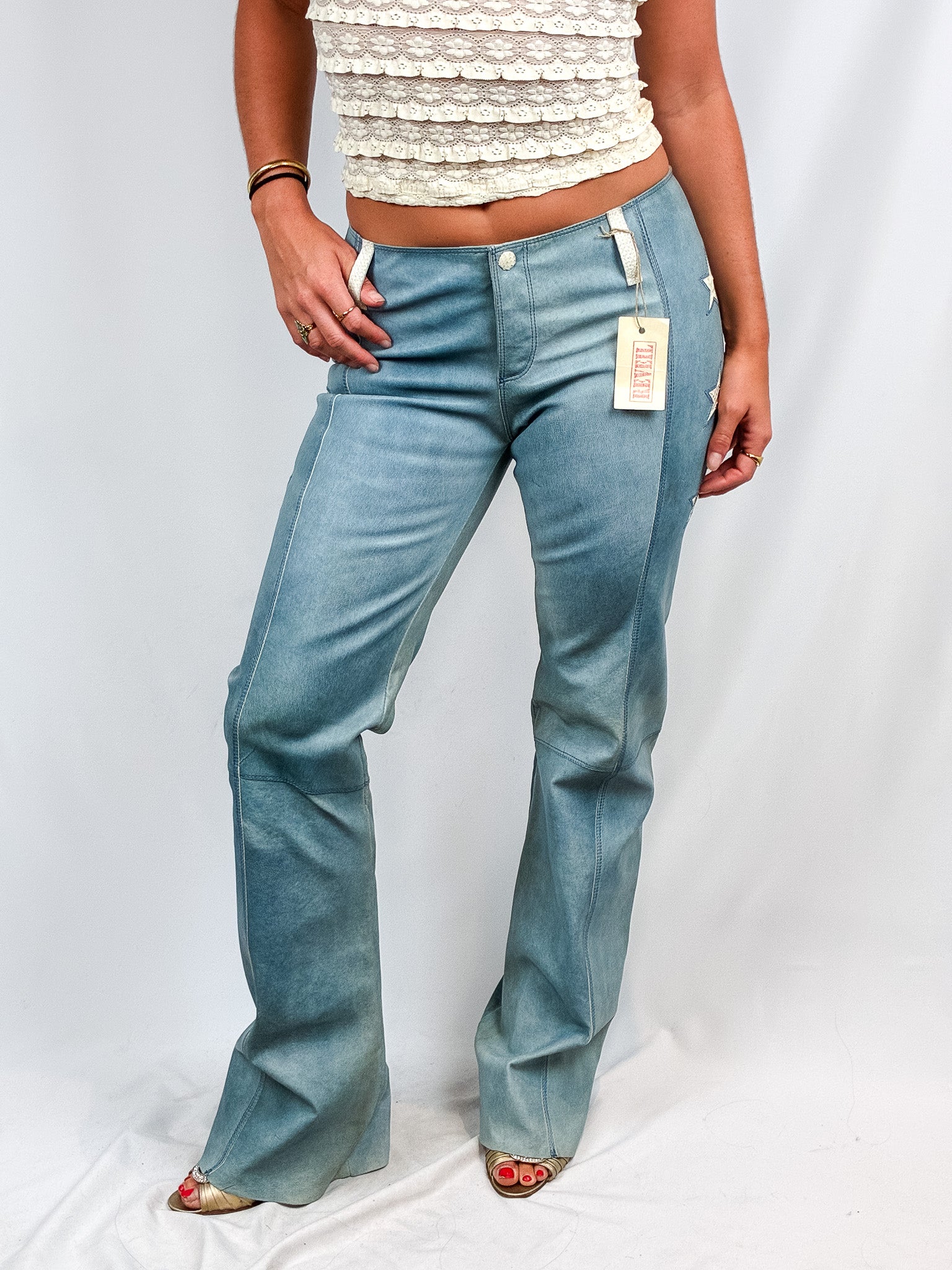 Reveil 2000s Washed Blue Leather Star-Appliqué Flare Pants - M