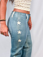 Reveil 2000s Washed Blue Leather Star-Appliqué Flare Pants - M