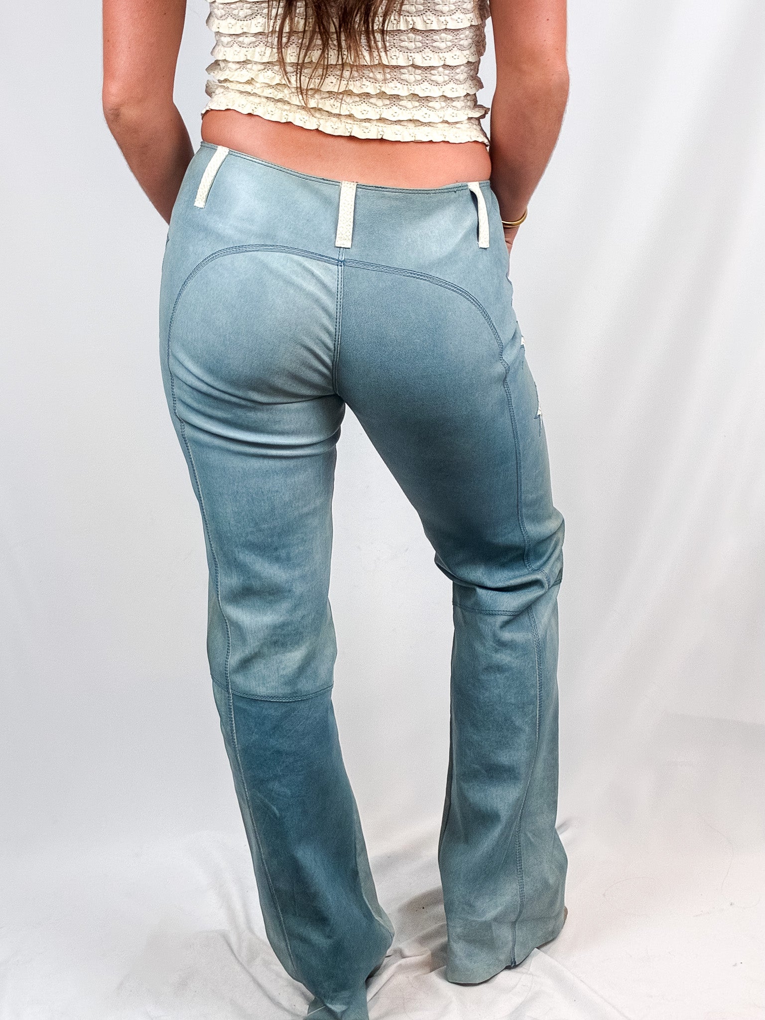 Reveil 2000s Washed Blue Leather Star-Appliqué Flare Pants - M