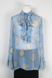 Blumarine Blue Silk Ruffle Blouse – M