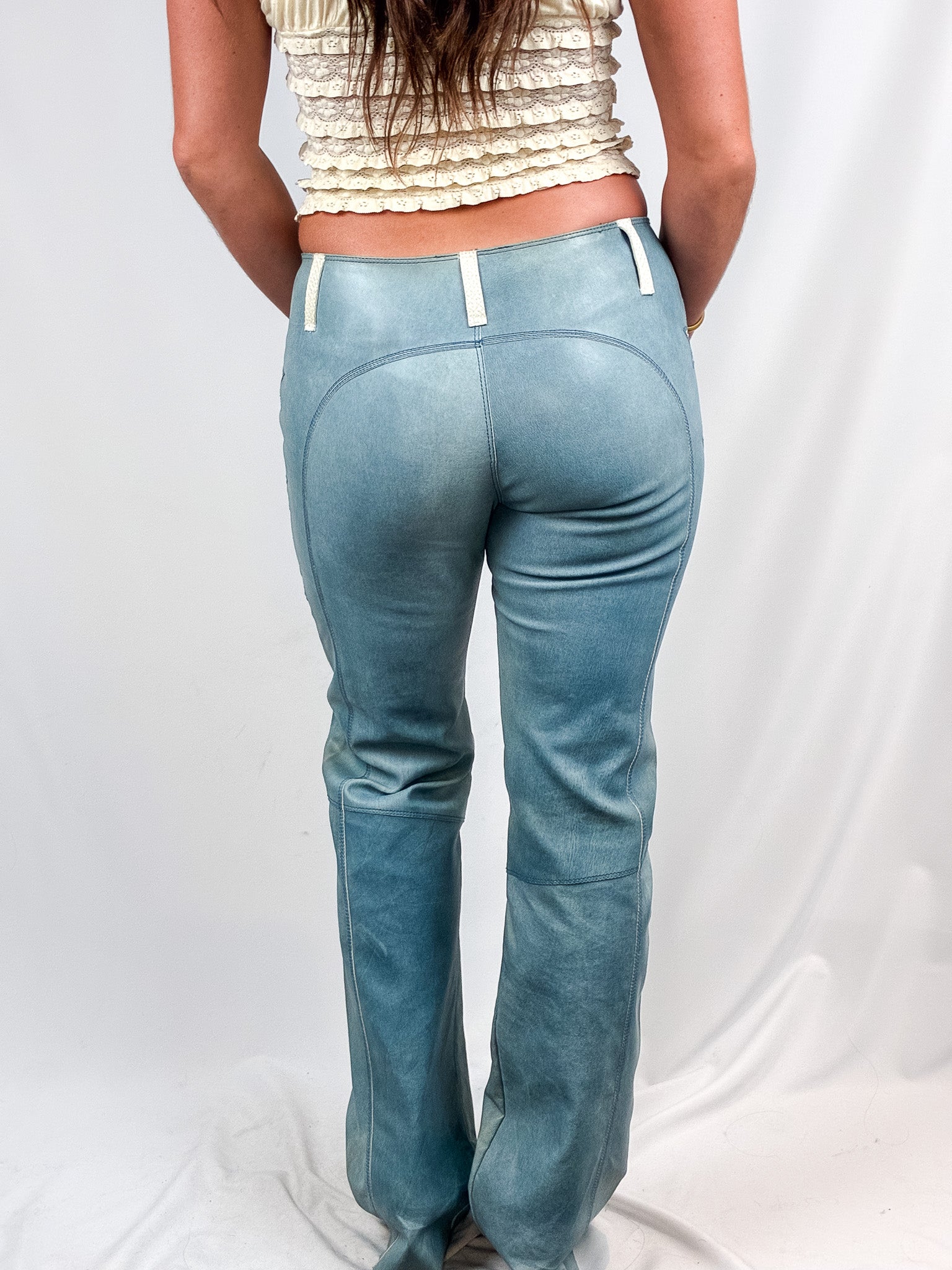 Reveil 2000s Washed Blue Leather Star-Appliqué Flare Pants - M