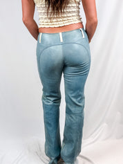 Reveil 2000s Washed Blue Leather Star-Appliqué Flare Pants - M