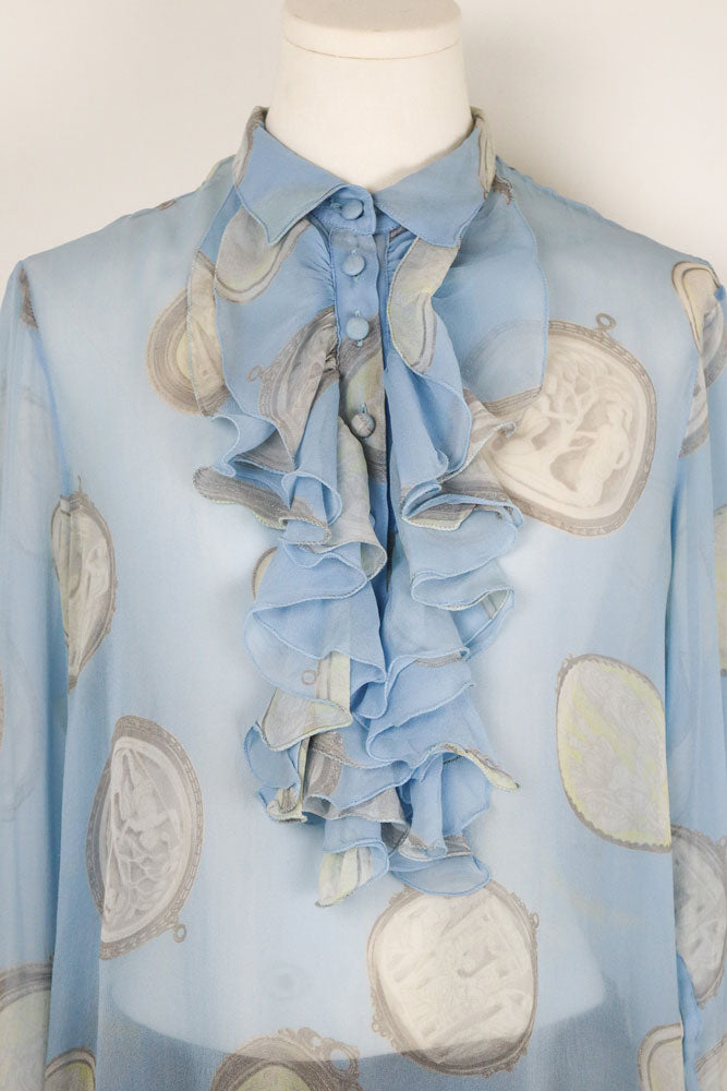 Blumarine Blue Silk Ruffle Blouse – M