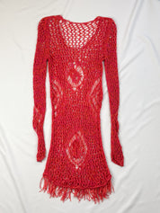 Vintage 2000s Coral Open-Knit Fringe Midi Dress - S/M