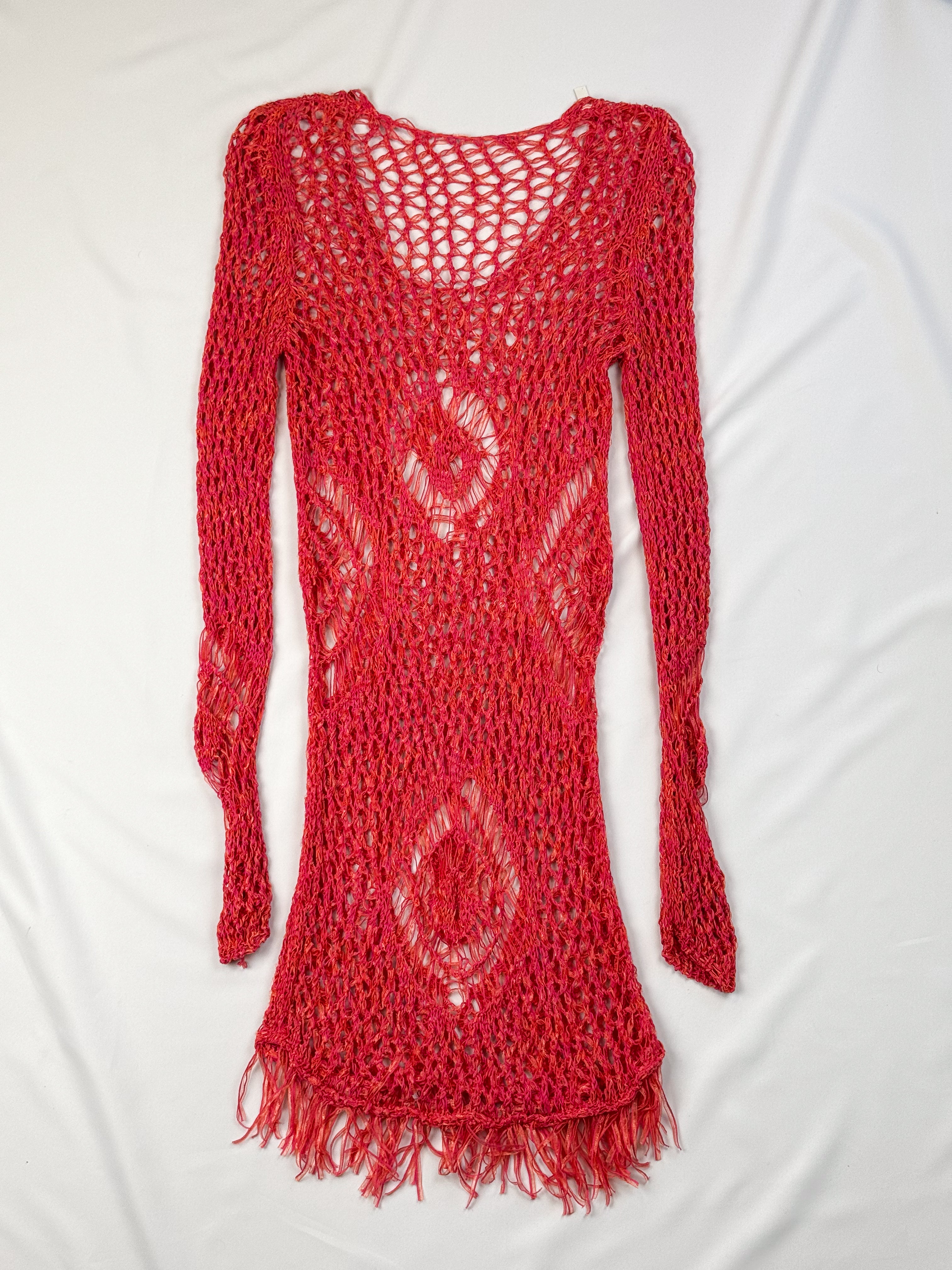 Vintage 2000s Coral Open-Knit Fringe Midi Dress - S/M