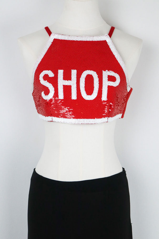 Moschino x Jeremy Scott SS2016 "SHOP" Sign Sequin Crop Top – S