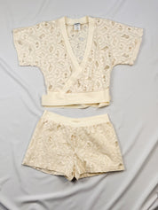 Pain de Sucre Cream Leopard Lace Wrap Top and Shorts Set - XS-S