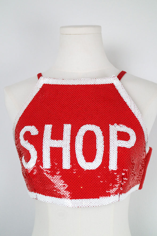 Moschino x Jeremy Scott SS2016 "SHOP" Sign Sequin Crop Top – S