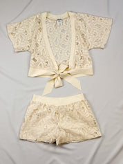 Pain de Sucre Cream Leopard Lace Wrap Top and Shorts Set - XS-S