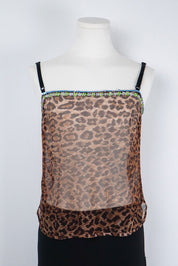 D&G 2000s Leopard Print Sheer Tank with Sequin Floral Trim – M