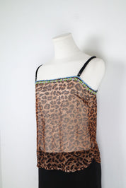 D&G 2000s Leopard Print Sheer Tank with Sequin Floral Trim – M