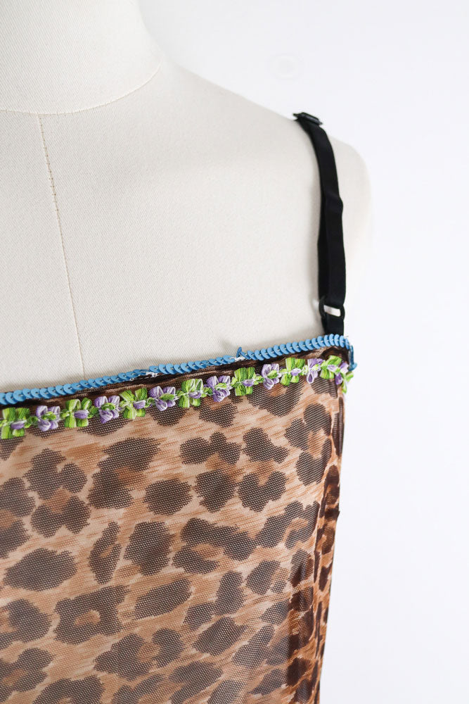 D&G 2000s Leopard Print Sheer Tank with Sequin Floral Trim – M