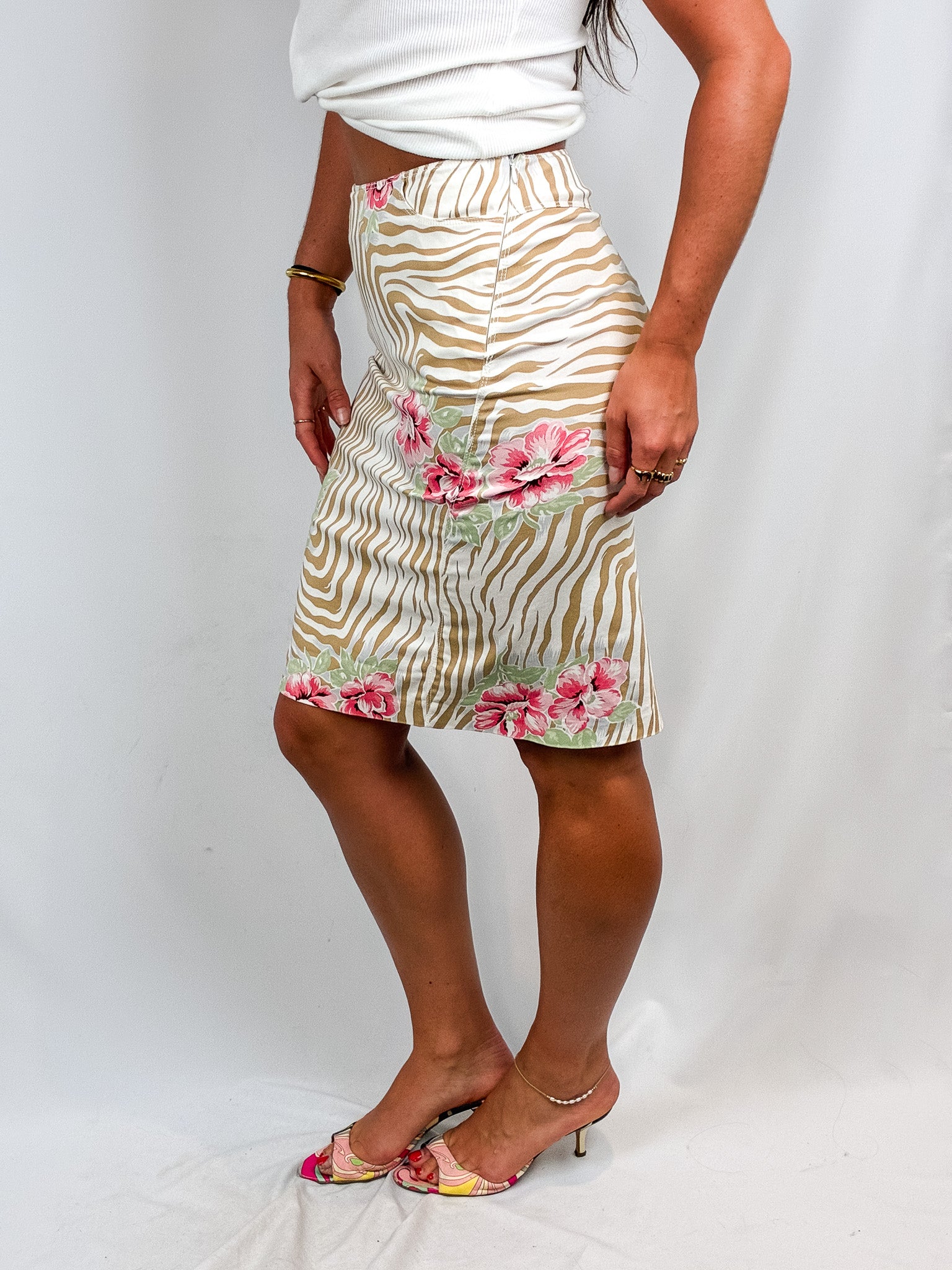 Kenzo Jeans 2000s Tan Zebra Floral Print Pencil Skirt - M