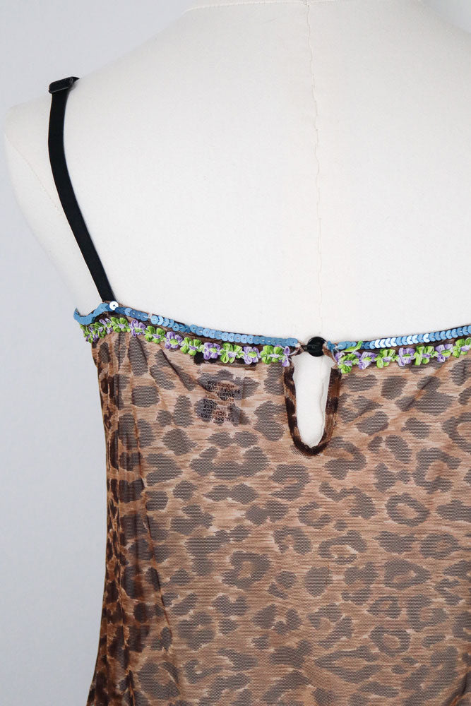 D&G 2000s Leopard Print Sheer Tank with Sequin Floral Trim – M