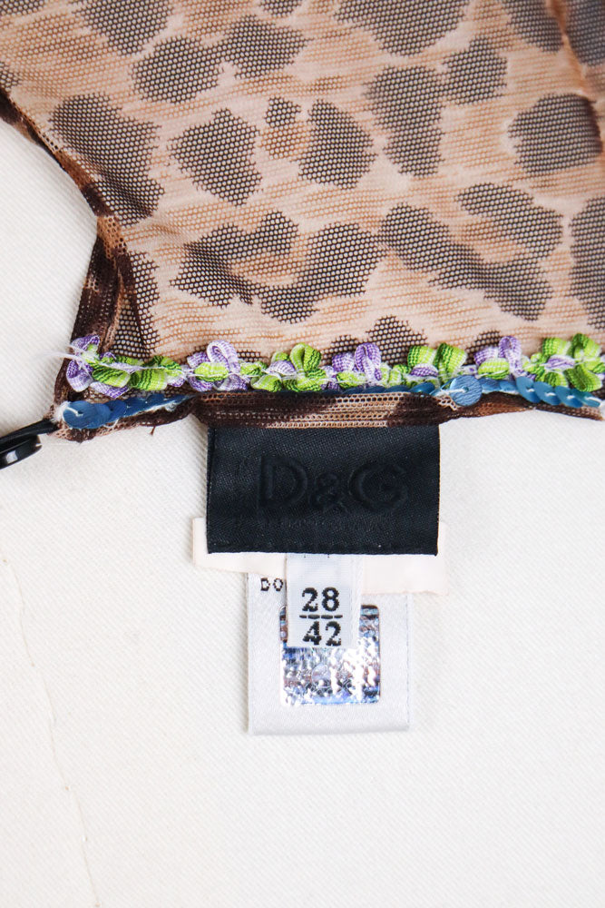 D&G 2000s Leopard Print Sheer Tank with Sequin Floral Trim – M