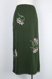 Valentino Miss V 1990s Forest Green Silk Floral Embroidered Midi Skirt – S/M