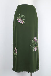 Valentino Miss V 1990s Forest Green Silk Floral Embroidered Midi Skirt – S/M