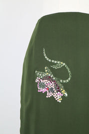 Valentino Miss V 1990s Forest Green Silk Floral Embroidered Midi Skirt – S/M