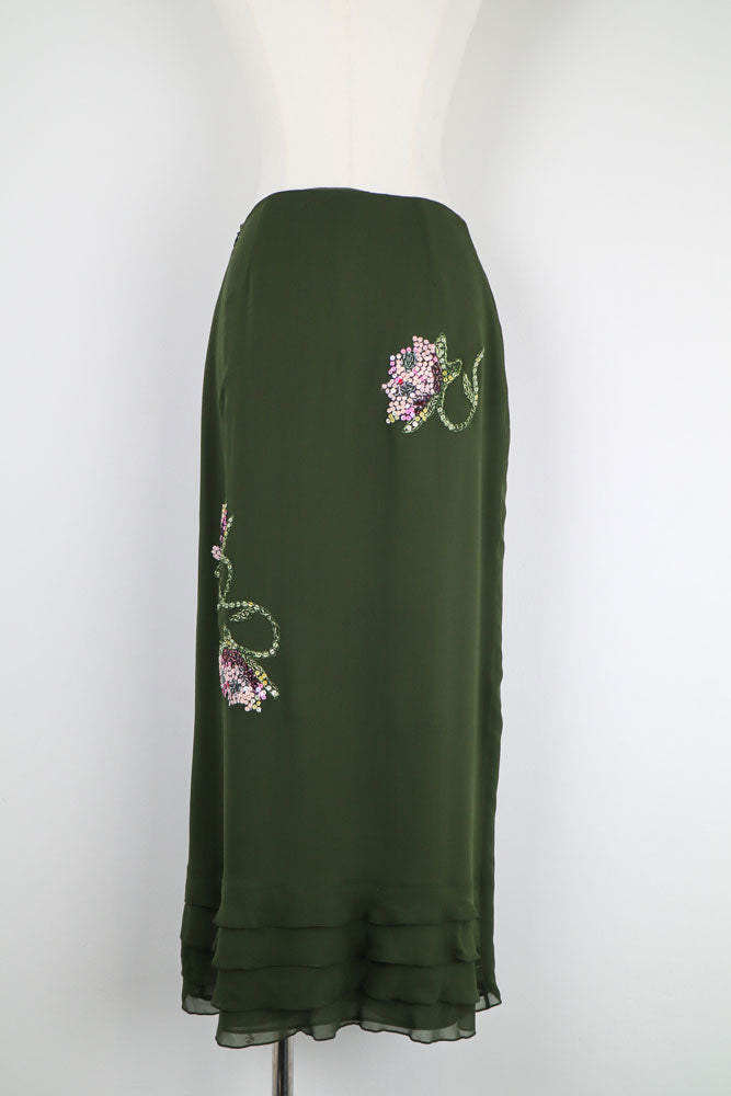 Valentino Miss V 1990s Forest Green Silk Floral Embroidered Midi Skirt – S/M