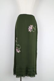 Valentino Miss V 1990s Forest Green Silk Floral Embroidered Midi Skirt – S/M