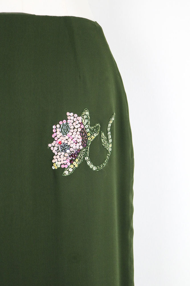 Valentino Miss V 1990s Forest Green Silk Floral Embroidered Midi Skirt – S/M