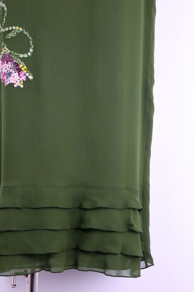 Valentino Miss V 1990s Forest Green Silk Floral Embroidered Midi Skirt – S/M