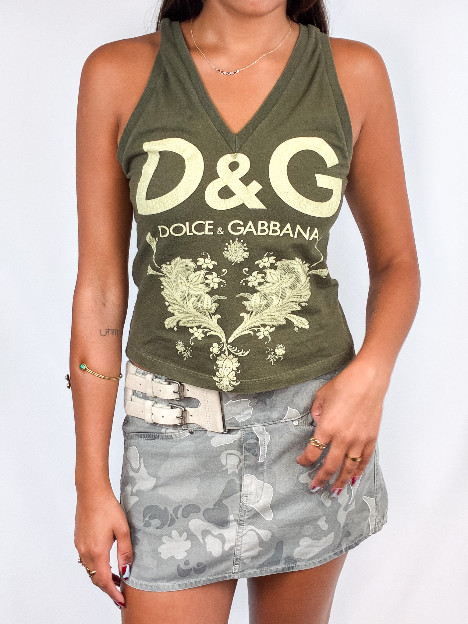 Dolce & Gabbana 2000s Olive Green Gold Logo V-Neck Tank - S/M