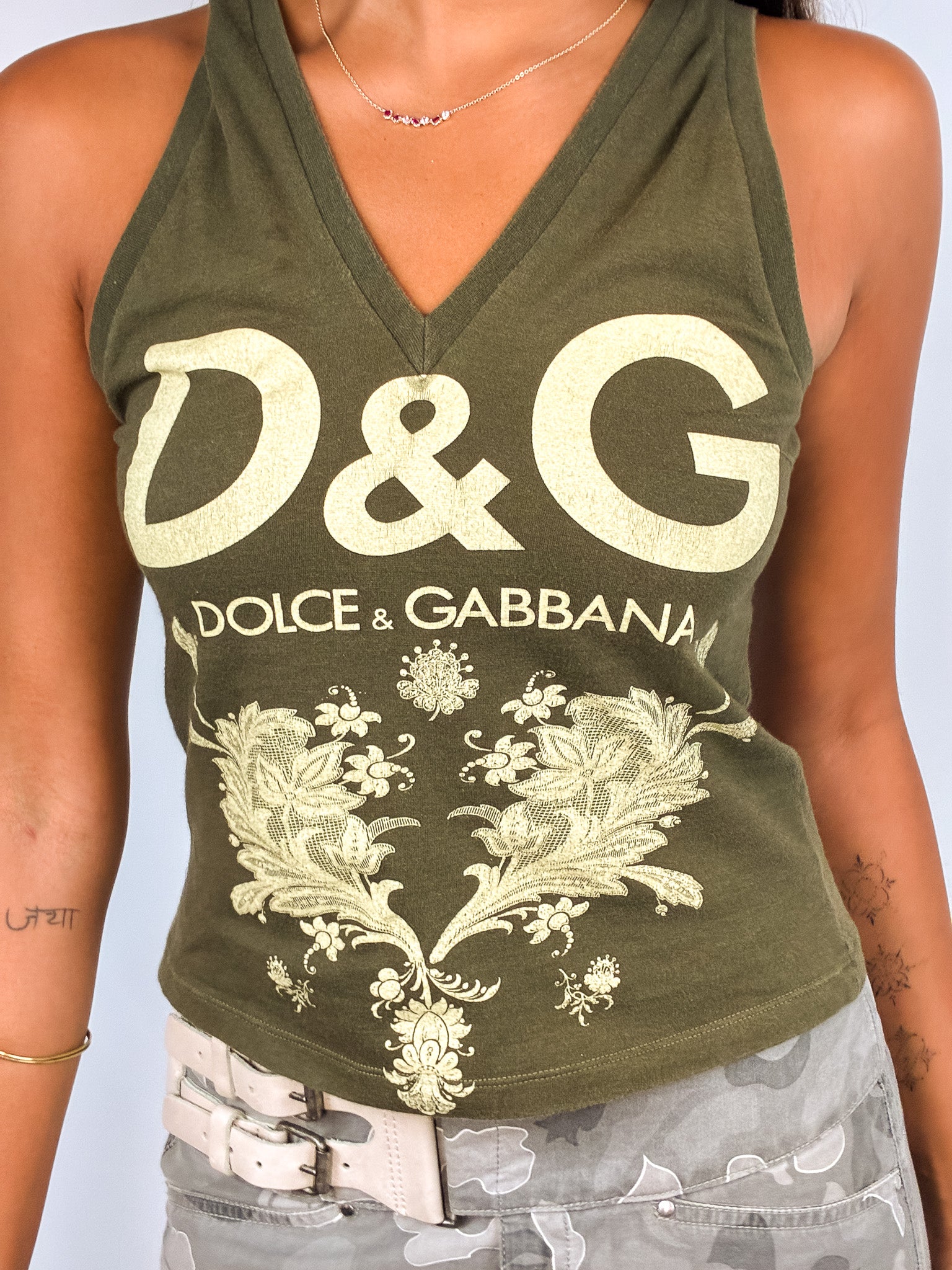 Dolce & Gabbana 2000s Olive Green Gold Logo V-Neck Tank - S/M