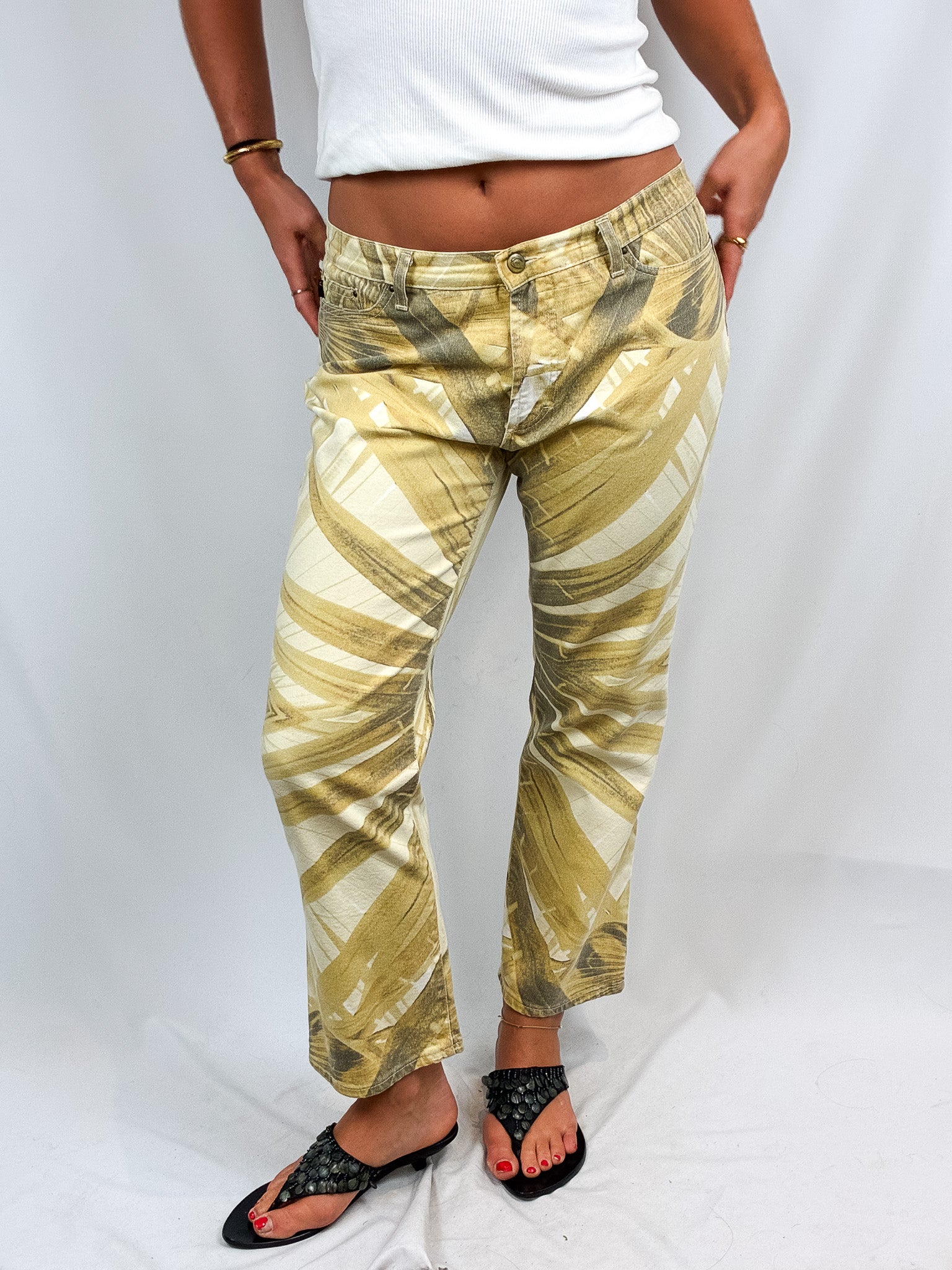 Just Cavalli 2000s Mustard Leaf Print Mid Rise Jeans - W33