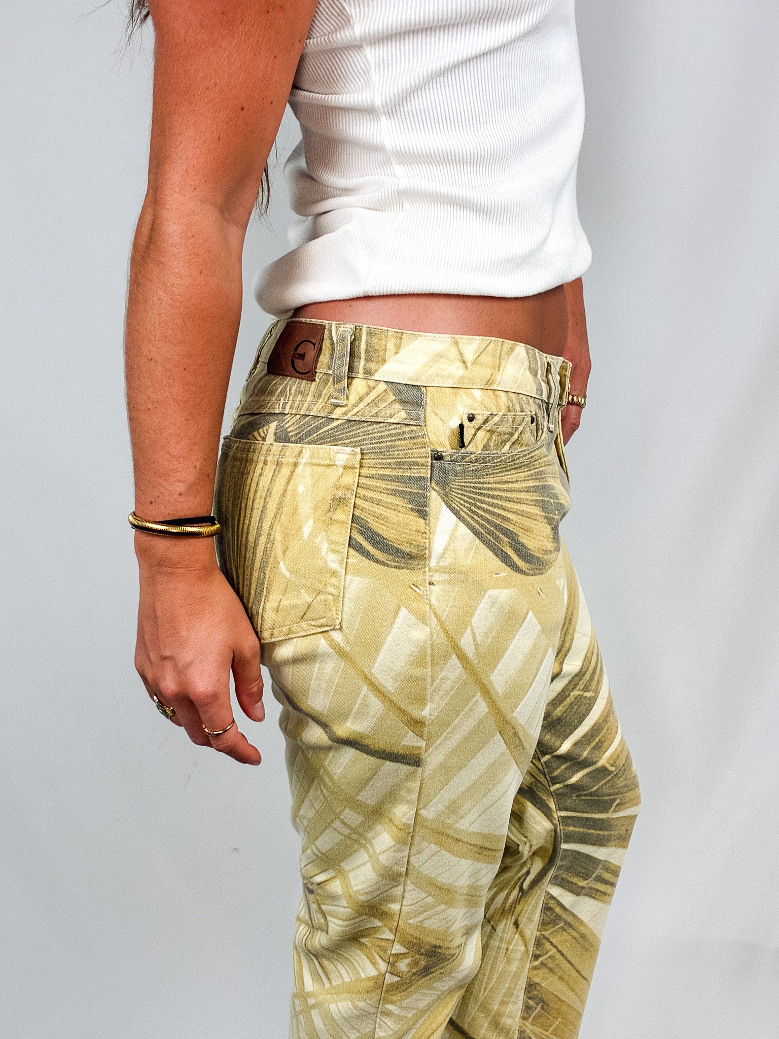 Just Cavalli 2000s Mustard Leaf Print Mid Rise Jeans - W33