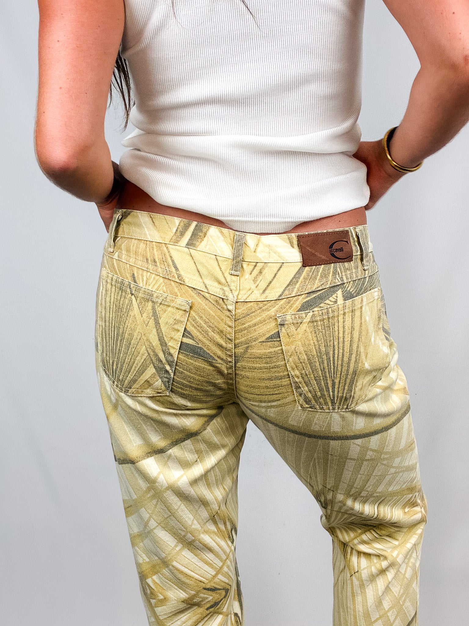 Just Cavalli 2000s Mustard Leaf Print Mid Rise Jeans - W33