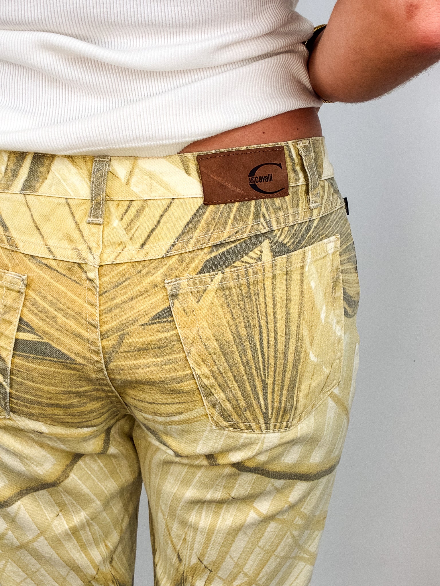 Just Cavalli 2000s Mustard Leaf Print Mid Rise Jeans - W33