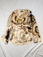 Roberto Cavalli 2000s Painterly Floral Silk Tie-Waist Blouse - S/M