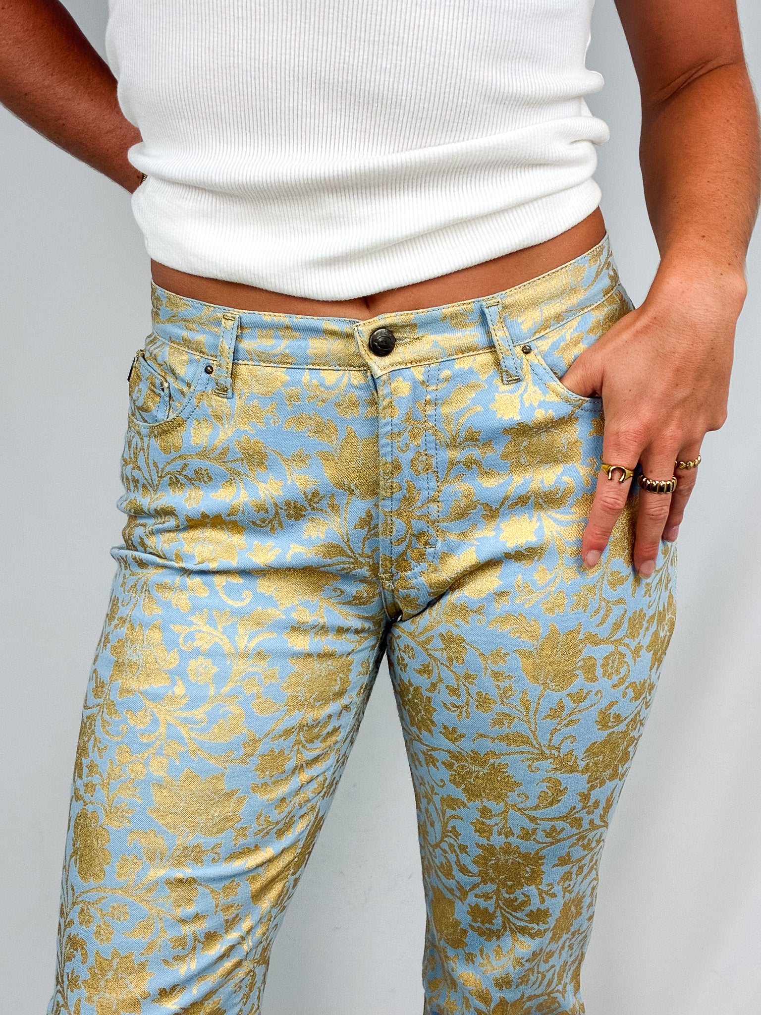 Just Cavalli 2000s Blue and Gold Baroque Floral Bootcut Jeans - W28