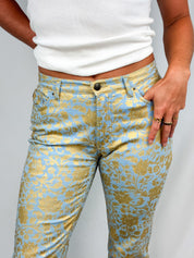 Just Cavalli 2000s Blue and Gold Baroque Floral Bootcut Jeans - W28