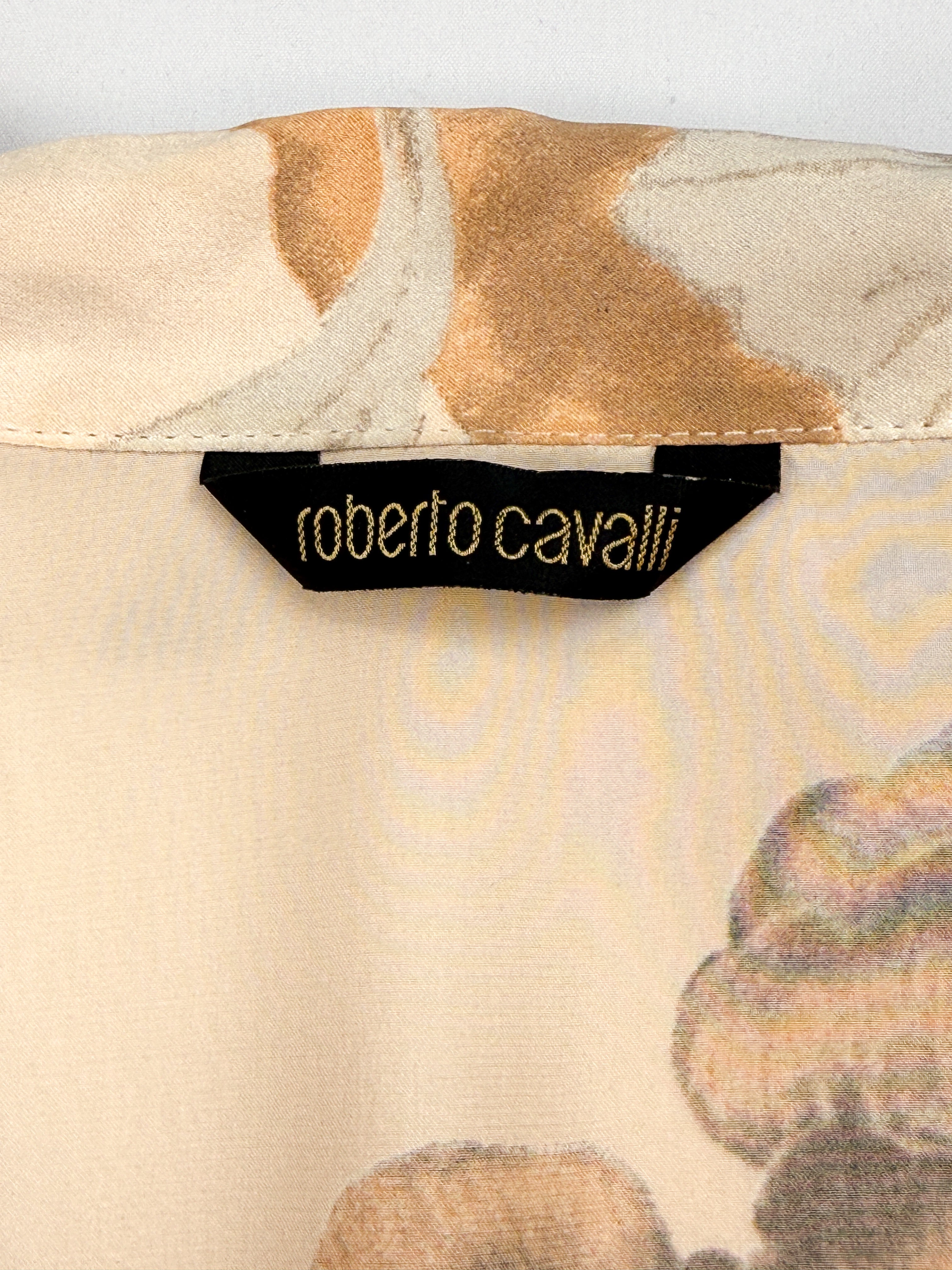 Roberto Cavalli 2000s Painterly Floral Silk Tie-Waist Blouse - S/M