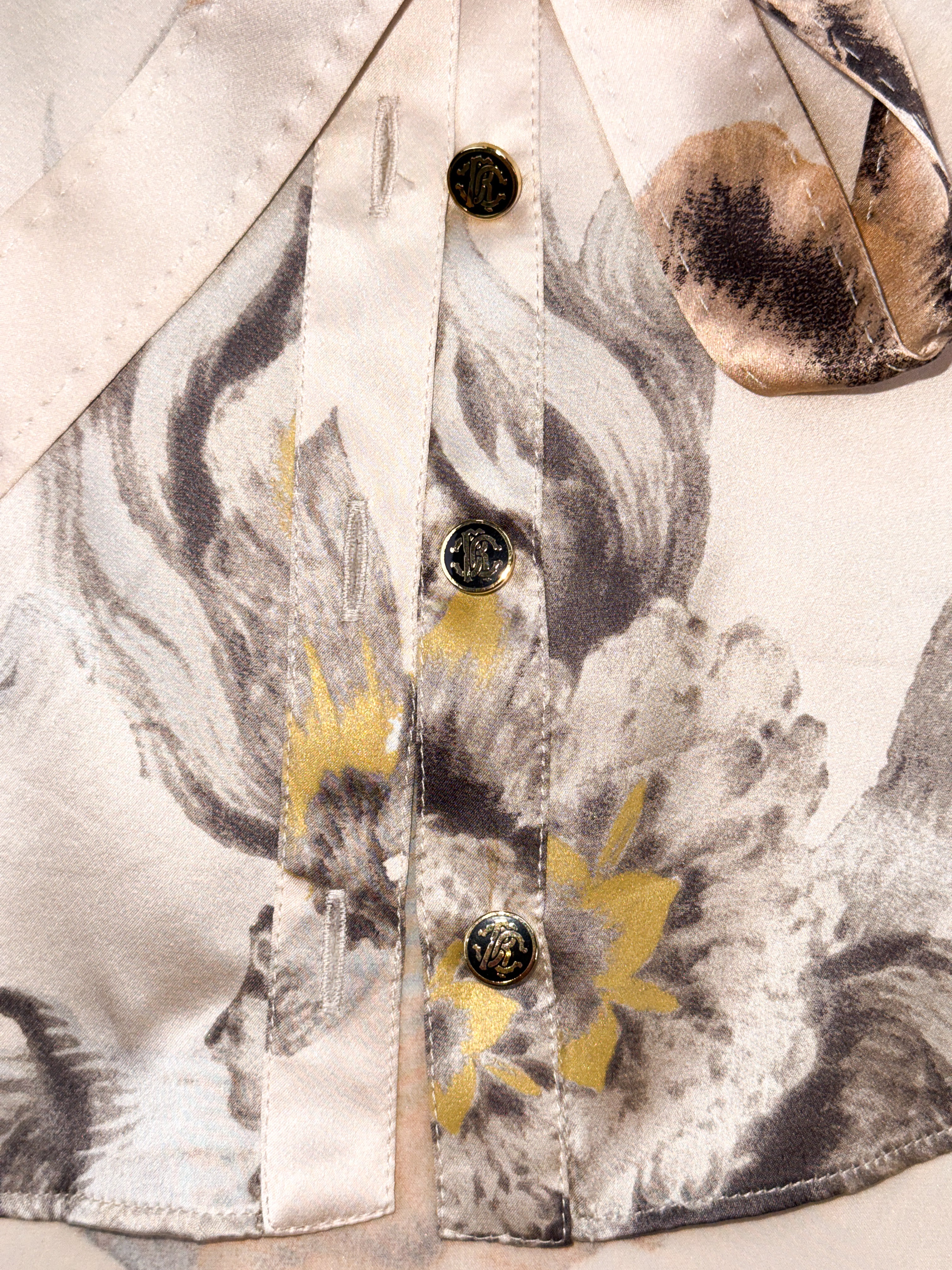 Roberto Cavalli 2000s Painterly Floral Silk Tie-Waist Blouse - S/M