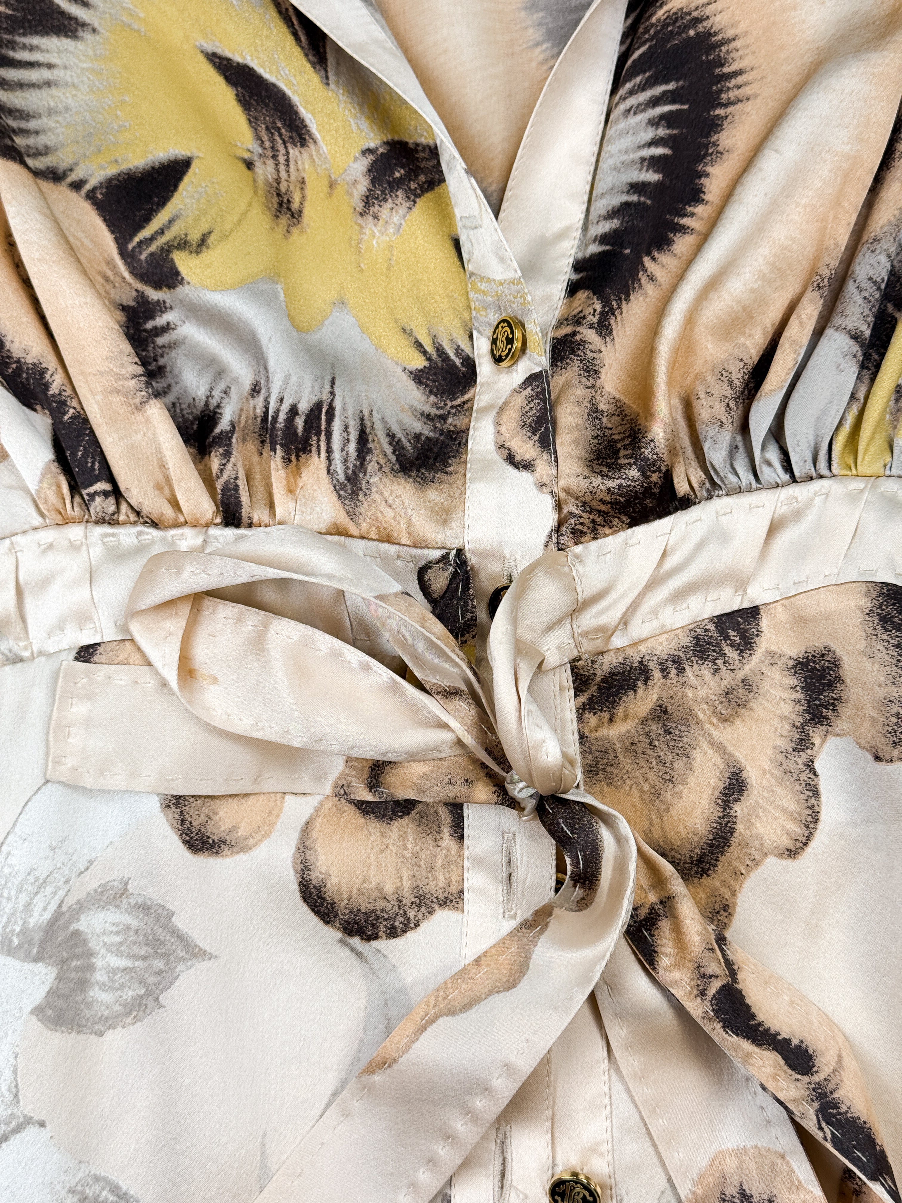 Roberto Cavalli 2000s Painterly Floral Silk Tie-Waist Blouse - S/M
