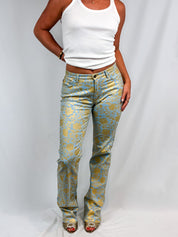 Just Cavalli 2000s Blue and Gold Baroque Floral Bootcut Jeans - W28