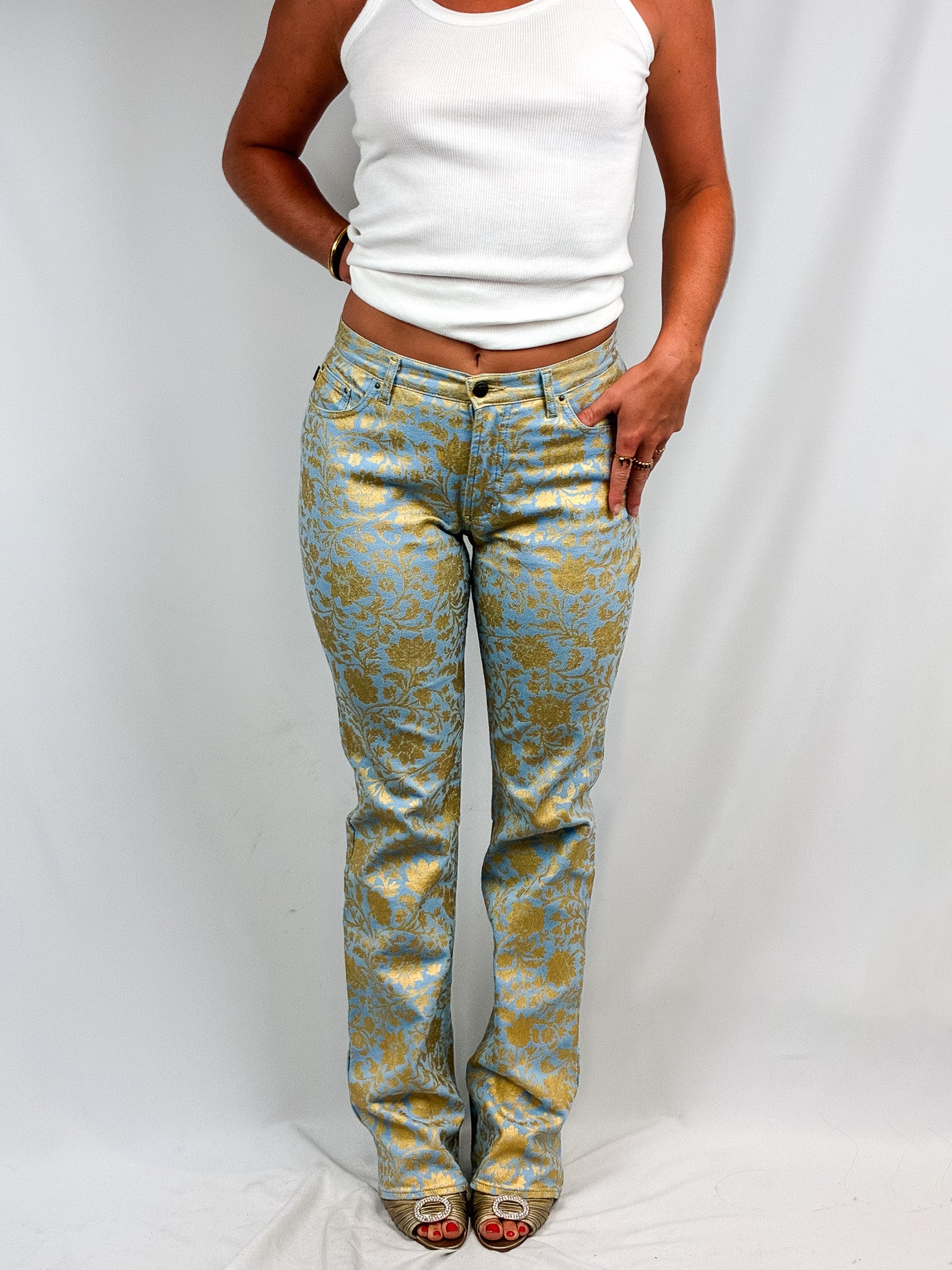 Just Cavalli 2000s Blue and Gold Baroque Floral Bootcut Jeans - W28