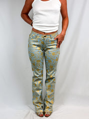 Just Cavalli 2000s Blue and Gold Baroque Floral Bootcut Jeans - W28