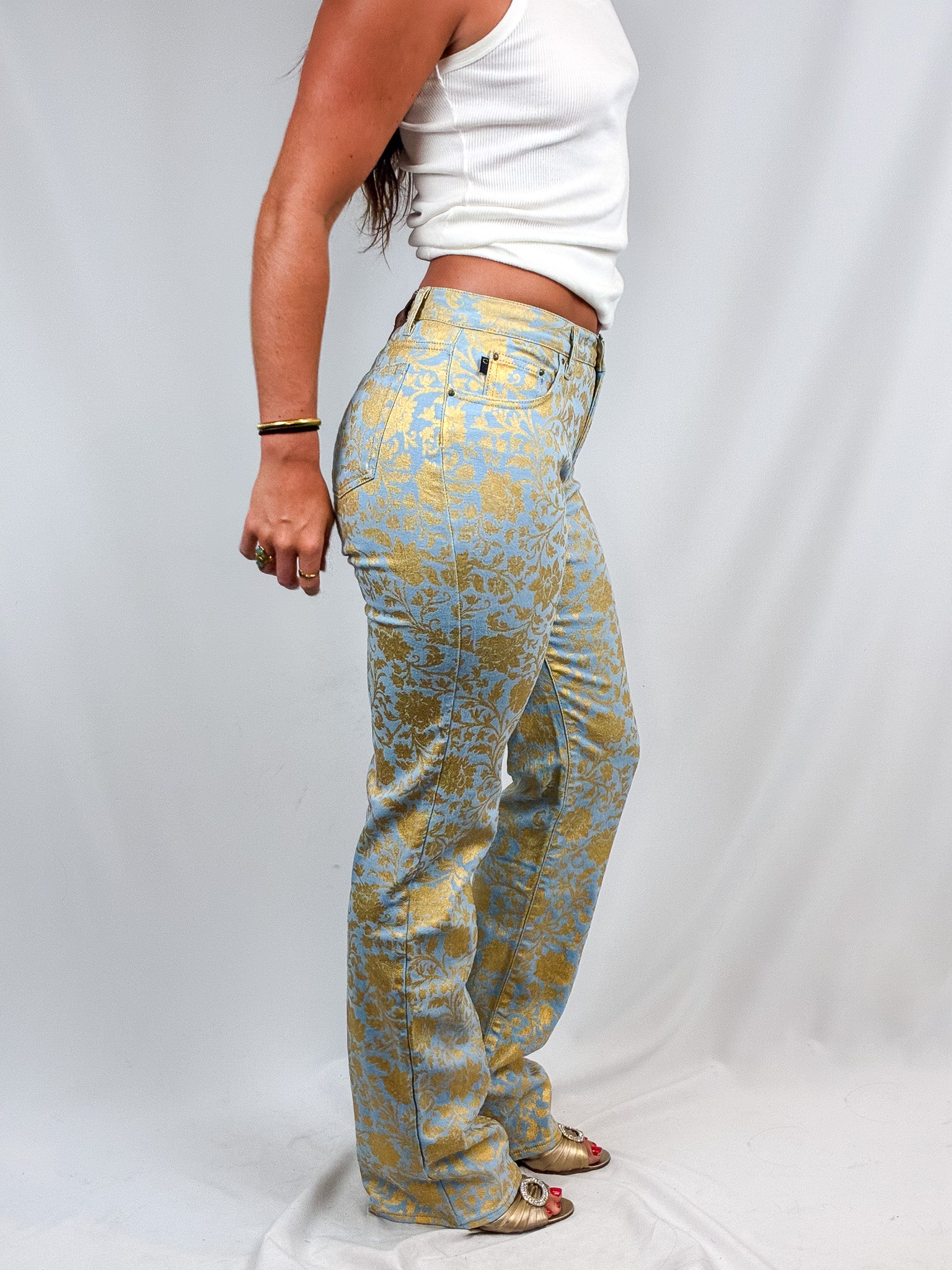 Just Cavalli 2000s Blue and Gold Baroque Floral Bootcut Jeans - W28
