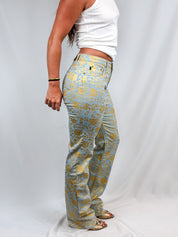 Just Cavalli 2000s Blue and Gold Baroque Floral Bootcut Jeans - W28
