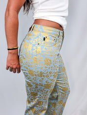 Just Cavalli 2000s Blue and Gold Baroque Floral Bootcut Jeans - W28