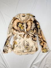 Roberto Cavalli 2000s Painterly Floral Silk Tie-Waist Blouse - S/M