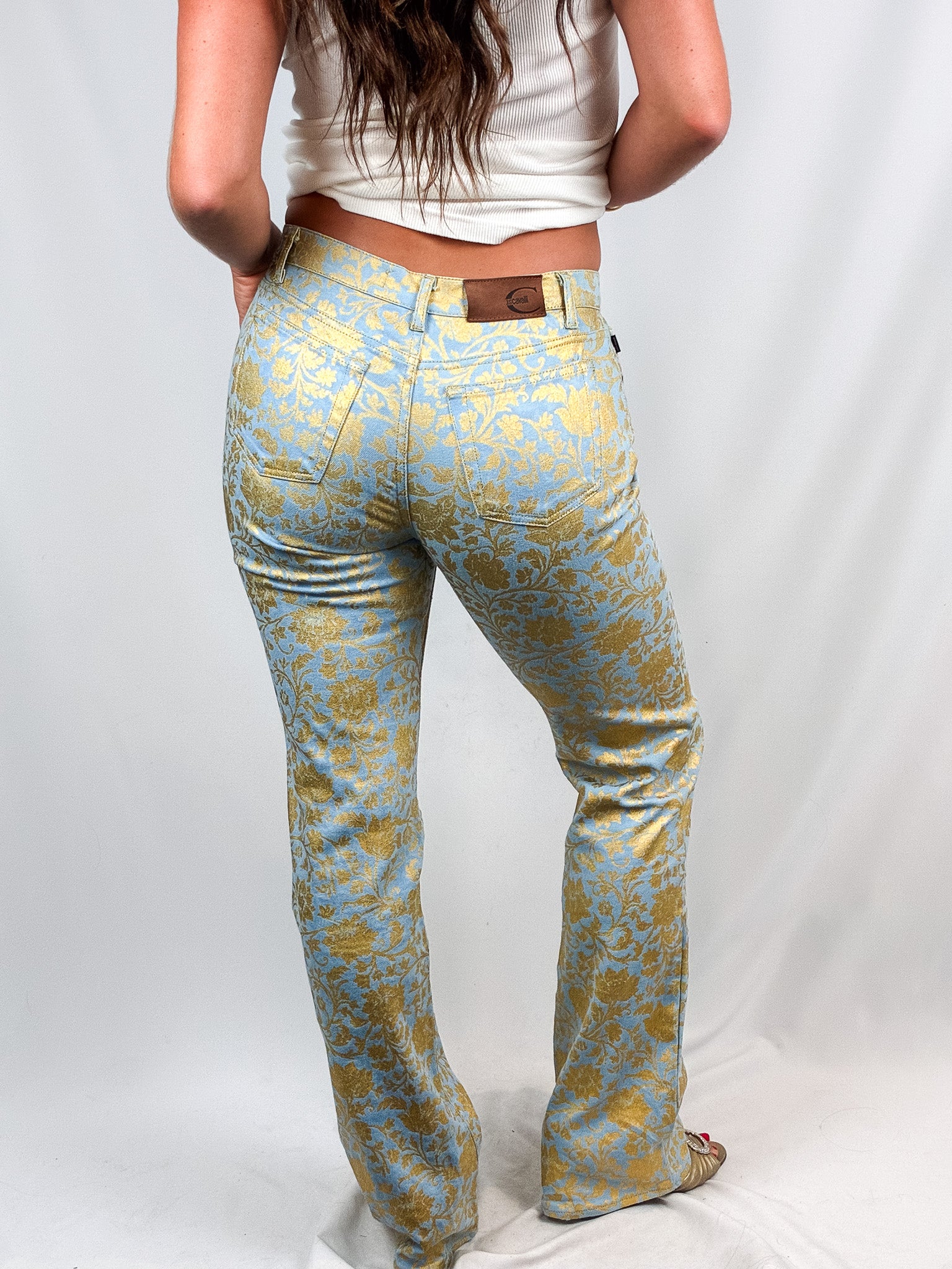 Just Cavalli 2000s Blue and Gold Baroque Floral Bootcut Jeans - W28