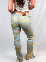 Just Cavalli 2000s Blue and Gold Baroque Floral Bootcut Jeans - W28