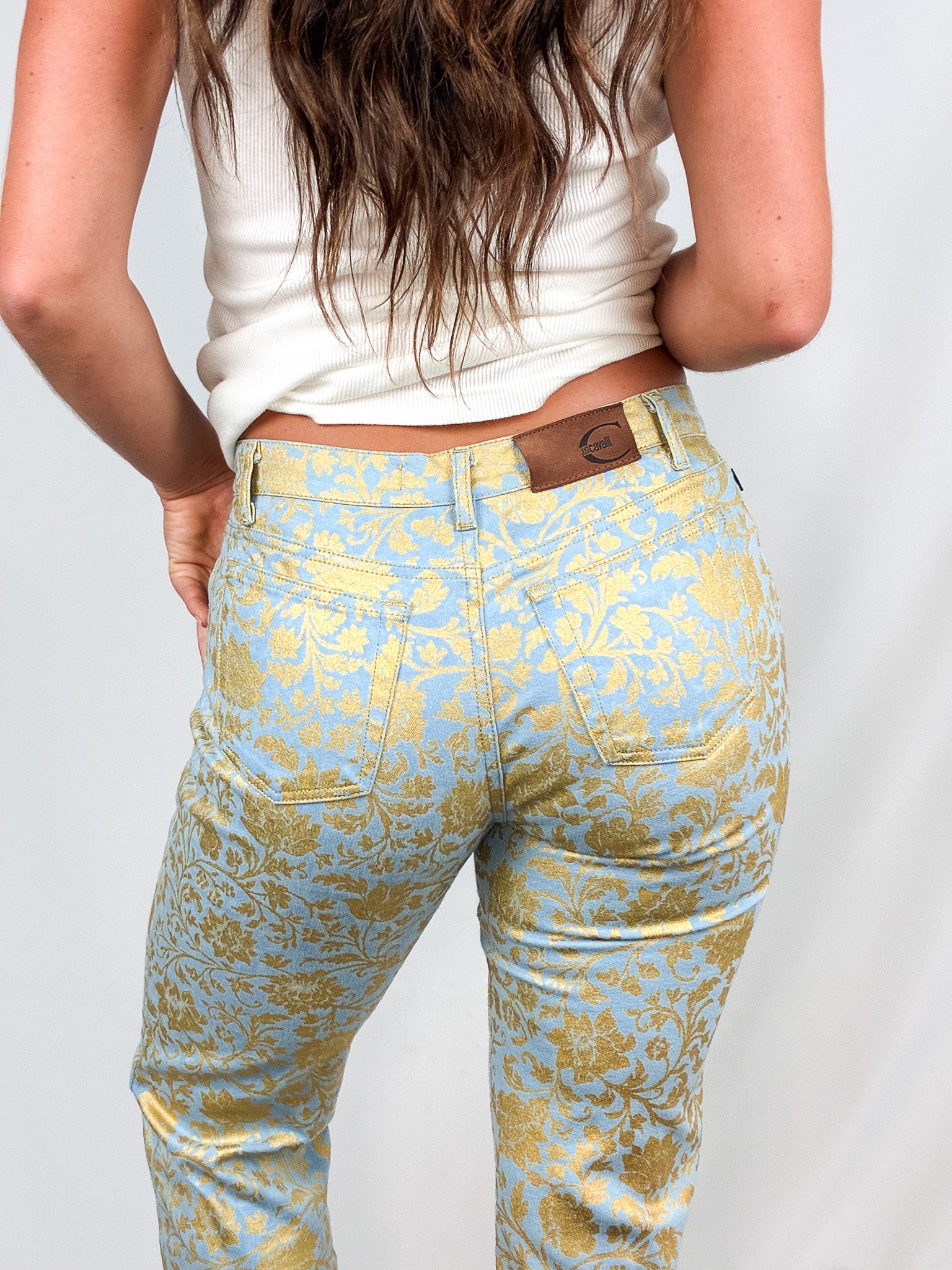Just Cavalli 2000s Blue and Gold Baroque Floral Bootcut Jeans - W28