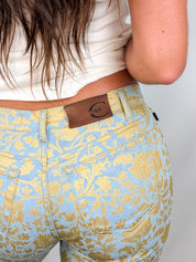 Just Cavalli 2000s Blue and Gold Baroque Floral Bootcut Jeans - W28